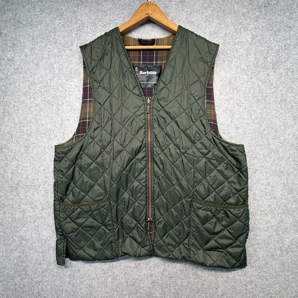 Barbour Quilted Full Zip Vest Green Classic Tartan Lining Size XL